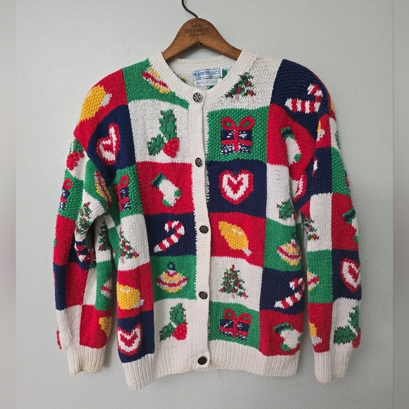 Northern Isles Hand Knit Vintage Patchwork Ugly Christmas Cardigan Size L *read - Picture 1 of 15